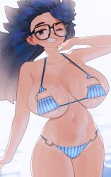  bikini black-framed_eyewear blue_bikini blue_hair breasts brown_eyes commission female florida_bikini grin highres huge_breasts long_hair looking_at_viewer navel one_eye_closed ryusei_hashida skeb_commission smile striped_bikini striped_clothes swimsuit very_long_hair 