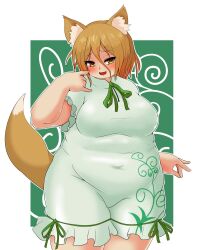  alternate_body_size animal_ear_fluff animal_ears blonde_hair blush border bow breasts brown_tail commentary_request covered_navel cowboy_shot eyes_visible_through_hair fat female fox_girl fox_shadow_puppet fox_tail green_background green_bow hair_between_eyes highres kudamaki_tsukasa large_breasts looking_at_viewer nerizou open_mouth outline outside_border short_sleeves solo tail thick_arms thick_thighs thighs touhou tsurime white_border white_outline white_romper yellow_eyes 