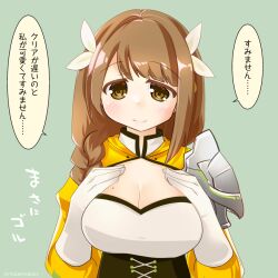  black_corset braid braided_ponytail breasts brown_hair cleavage corset diamond_cutout dress female fire_emblem fire_emblem_engage gloves goldmary_(fire_emblem) hair_ribbon hooded_top large_breasts long_hair looking_at_viewer low_ponytail midukimasami mole mole_on_breast ribbon single_shoulder_pad solo speech_bubble translation_request white_gloves white_ribbon yellow_dress yellow_eyes 