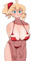  ahoge bikini blonde_hair blue_eyes breasts closed_mouth drill_hair female florida-chan_(ryusei_hashida) florida_bikini hair_between_eyes highres huge_breasts long_hair looking_at_viewer medium_hair navel original red_bikini ryusei_hashida smile swimsuit 