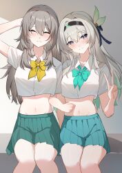  2girls absurdres black_hairband blue_pupils blush breasts closed_eyes collarbone collared_shirt covered_groin cowboy_shot crop_top crop_top_overhang facing_viewer firefly_(honkai:_star_rail) gradient_eyes green_neckerchief green_skirt grey_hair groin hair_between_eyes hair_ornament hair_ribbon hairband hand_on_own_head head_tilt highres honkai:_star_rail honkai_(series) lao_xi leaf_hair_ornament locked_arms long_hair looking_at_viewer midriff mihoyo multicolored_eyes multiple_girls navel neckerchief open_mouth pleated_skirt ribbon school_uniform shirt sitting skirt smile stelle_(honkai:_star_rail) stomach teeth thighs trailblazer_(honkai:_star_rail) two-tone_eyes v white_shirt yellow_neckerchief 