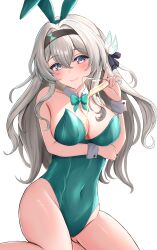  absurdres animal_ears aqua_bow aqua_bowtie aqua_leotard arm_under_breasts bare_shoulders black_hairband blue_eyes blush bow bowtie breast_hold breasts cleavage collar commentary_request cup detached_collar fake_animal_ears female firefly_(honkai:_star_rail) grey_hair hair_between_eyes hair_ornament hairband hand_up head_tilt highleg highleg_leotard highres holding holding_cup honkai:_star_rail honkai_(series) large_breasts leotard long_hair looking_at_viewer multicolored_eyes paid_reward_available pink_eyes playboy_bunny rabbit_tail shouhaku0512 simple_background sitting smile solo spilling strapless strapless_leotard tail thighs very_long_hair white_background white_collar white_sleeve_cuffs 