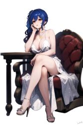  absurdres ai-generated azur_lane blue_hair blue_nails breasts chair dress evening_gown halter_dress halterneck high_heels highres jewelry kura_kp large_breasts necklace official_alternate_costume pink_eyes plunging_neckline revealing_clothes side_ponytail silver_dress silver_footwear st._louis_(azur_lane) table 