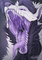  ambiguous_form ambiguous_gender bodily_fluids dragon dripping fangs front_view fur glistening glistening_eyes grey_body grey_scales hi_res horn looking_at_viewer mouth_shot multicolored_eyes mythological_creature mythological_scalie mythology open_mouth pink_eyes pupils purple_eyes purple_horn purple_inner_ear purple_nose purple_sclera purple_tongue saliva saliva_drip saliva_string santanahoffman scales scalie sharp_teeth simple_background slit_pupils solo teeth tongue two_tone_eyes white_body white_ears white_fur white_scales 