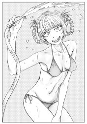  absurdres bikini blunt_bangs braided_hair_rings hair_rings highres monochrome nanakusa_nazuna_(yofukashi_no_uta) reiquant simple_background smile solo swimsuit vampire water yofukashi_no_uta 