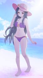  absurdres beach black_hair blue_sky breasts brown_eyes cleavage cloud commission day flower full_body hat hat_flower highres horizon idolmaster idolmaster_cinderella_girls long_hair medium_breasts mikoko1 ocean outdoors pink_hat sena_shiori_(idolmaster) skeb_commission sky smile standing sun_hat sunflower 