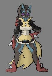  2024 accessory anthro big_breasts big_tail black_body black_fur blue_body blue_fur body_hair bottomwear breasts chest_hair chest_spike chest_tuft clothed clothing digital_drawing_(artwork) digital_media_(artwork) dreadlocks eyewear eyewear_on_head female fluffy fur generation_4_pokemon generation_6_pokemon hair hair_accessory hair_tie hand_on_hip hi_res jacket leather leather_clothing leather_jacket leather_topwear looking_at_viewer lucario lucia_(snoutless) mega_evolution mega_lucario multicolored_body multicolored_fur nintendo open_clothing open_jacket open_topwear pokemon pokemon_(species) red_eyes shirt shorts simple_background smile snoutless solo spikes spikes_(anatomy) standing sunglasses sunglasses_on_head tail topwear tuft white_clothing white_shirt white_topwear yellow_body yellow_fur yellow_tail 