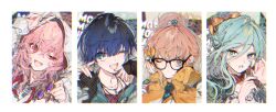  4girls black_shirt blue_eyes blue_hair bow brown_hair glasses hairbow hanasato_minori hands_up high_ponytail hinomori_shizuku hood hooded_jacket jacket kiritani_haruka long_hair long_sleeves looking_at_viewer momoi_airi more_more_jump!_(project_sekai) multiple_girls one_eye_closed open_mouth orange_jacket pink_eyes pink_hair pink_shirt project_sekai sapphire_(nine) shirt sidelocks striped_bow sunglasses v white_jacket zozotown 