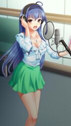  ahoge black_hairband blue_hair breasts cleavage collarbone doukyuusei_another_world female game_cg green_skirt hair_between_eyes hair_intakes hairband headphones indoors jewelry kakyuusei_2 long_hair long_sleeves medium_breasts microphone miniskirt open_mouth pendant pleated_skirt recording_studio red_eyes shirt skirt solo standing takatoo_nanase very_long_hair white_shirt 