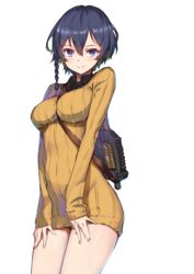  absurdres between_breasts black_hair blue_eyes blush braid breasts brown_sweater bullpup closed_mouth cowboy_shot dress female gun hair_between_eyes highres hong_(white_spider) impossible_clothes impossible_sweater kohiruimaki_karen large_breasts long_sleeves p90 paid_reward patreon_reward ribbed_sweater short_dress short_hair short_hair_with_long_locks side_braid signature single_braid sleeves_past_wrists smile solo strap_between_breasts submachine_gun sweater sweater_dress sword_art_online sword_art_online_alternative:_gun_gale_online tall tall_female transparent_background weapon weapon_on_back 