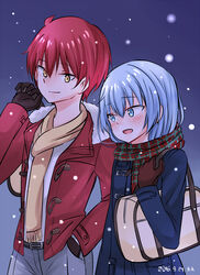  2boys akabane_karma androgynous ansatsu_kyoushitsu bag belt black_belt black_gloves blue_coat blue_eyes blue_hair blush brown_gloves closed_mouth coat commentary_request dated duffel_coat fur_trim gloves hair_between_eyes hand_in_pocket hand_up jacket light_blue_hair long_hair long_sleeves looking_at_another looking_at_viewer male_focus multiple_boys open_clothes open_jacket open_mouth otoko_no_ko plaid plaid_scarf red_hair red_jacket red_scarf scarf shiota_nagisa shirt shirt_tucked_in short_hair simple_background smile snow snowing tenten_(kitty) tsurime winter_clothes yaoi yellow_eyes yellow_scarf 