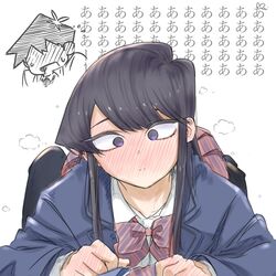  1boy black_eyes black_hair blazer blue_jacket blush bow bowtie collared_shirt ear_blush female full-face_blush hand_blush highres itan_private_high_school_uniform jacket komi-san_wa_komyushou_desu komi_shouko long_hair long_sleeves lying_on_person mitsugu pov purple_eyes school_uniform shirt short_hair simple_background swept_bangs tadano_hitohito unlikely_accident white_background white_shirt 