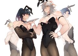  4boys animal_ears bishounen black_gloves black_hair black_leotard black_pantyhose black_sleeves blade_(honkai:_star_rail) blonde_hair blue_hair bow bowtie bulge covered_navel crossdressing dark_blue_hair detached_collar detached_sleeves fake_animal_ears fake_tail gepard_landau gloves hair_over_one_eye hair_ribbon high_ponytail highres holding holding_plate honkai:_star_rail honkai_(series) jing_yuan leotard long_hair long_sleeves looking_at_viewer looking_to_the_side male_focus male_playboy_bunny mole mole_under_eye multiple_boys pantyhose pectorals plate rabbit_boy rabbit_ears rabbit_tail red_eyes red_ribbon ribbon sampo_koski short_hair strapless strapless_leotard tail whirldraws white_hair wrist_cuffs yellow_eyes 