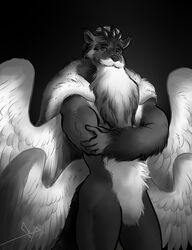  anthro beard bgn black_white cape clothing crown demon detailed detailed_fur facial_hair feathers fluffy fur headgear hi_res hybrid king_douxthos male moustache null_bulge solo spread_wings wings 