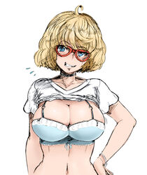  annie_brown blonde_hair blue_eyes bra breasts cleavage colorized female grin large_breasts looking_at_viewer red-framed_eyewear shimoneta_to_iu_gainen_ga_sonzai_shinai_taikutsu_na_sekai short_hair simple_background smile solo the_golden_smurf underwear white_background 