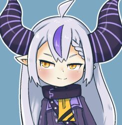  belt blush clothed clothing collar demon demon_humanoid doneru female hair half-length_portrait hololive horn humanoid humanoid_pointy_ears laplus_darkness looking_aside multicolored_hair portrait purple_hair scarf simple_background smile smug_face solo vtuber young young_humanoid 