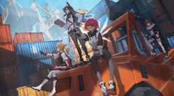  4girls animal_ears arknights belt_buckle black_footwear black_gloves black_hair black_jacket black_pantyhose black_shorts black_skirt blonde_hair blue_sky boots buckle commentary crane_(machine) croissant_(arknights) cross-laced_footwear day dress exusiai_(arknights) fingerless_gloves forklift full_body fur-trimmed_jacket fur_trim gloves ground_vehicle hair_over_one_eye hair_ribbon halo highres horns jacket knee_boots lace-up_boots long_sleeves medium_hair miniskirt motor_vehicle multicolored_clothes multicolored_jacket multiple_girls orange_hair outdoors pantyhose penguin_logistics_(arknights) penguin_logistics_logo pink_hair red_eyes ribbon shipping_container short_dress short_hair short_shorts shorts sitting skirt sky smile sora_(arknights) standing tail texas_(arknights) ttk_(kirinottk) v white_footwear white_jacket wolf_ears wolf_tail yellow_eyes 