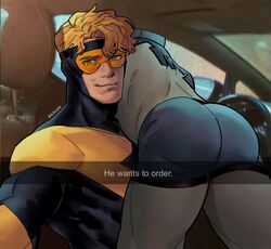  2boys ass ass_focus bad_id bad_twitter_id bara blonde_hair blue_beetle bodysuit booster_gold car_interior closed_mouth dc_comics drive-thru english_text he_wants_to_order_(meme) highres inactive_account large_pectorals lying_on_person male_focus melonnabar meme multiple_boys muscular muscular_male pectorals selfie short_hair side-view_mirror smile snapchat superhero_costume thick_thighs thighs three_quarter_view twitter_username yellow_bodysuit 