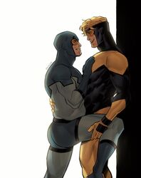  2boys ass bad_id bad_twitter_id bara black_bodysuit blonde_hair blue_beetle blue_bodysuit bodysuit booster_gold couple dc_comics highres holding_another&#039;s_leg inactive_account large_pectorals leg_up looking_at_another male_focus melonnabar multiple_boys muscular muscular_male pectorals short_hair smile superhero_costume thick_thighs thighs twitter_username two-tone_bodysuit yaoi yellow_bodysuit 