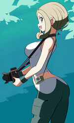  :d arched_back ass back bad_id bad_pixiv_id bare_arms bare_shoulders blonde_hair breasts camera capri_pants commentary_request cowboy_shot crop_top eyelashes female green_eyes green_pants green_wristband highres holding holding_camera large_breasts looking_at_viewer looking_to_the_side midriff open_mouth pants parted_bangs pokemon pokemon_xy profile sakuraidai shirt sidelocks sleeveless sleeveless_shirt smile solo tank_top tongue viola_(pokemon) white_tank_top wristband 