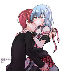  2boys akabane_karma ansatsu_kyoushitsu artist_name belt black_jacket black_shirt blue_eyes blue_hair blush brown_collar choker collar collarbone commentary_request crossdressing dated grey_pants holding holding_ribbon jacket kunugigaoka_middle_school_uniform light_blue_hair long_hair long_sleeves male_focus miniskirt multiple_boys off-shoulder_shirt off_shoulder open_clothes open_jacket open_mouth otoko_no_ko pants parted_lips pink_ribbon pleated_skirt red_skirt ribbon school_uniform shiota_nagisa shirt short_hair skirt steam sweat tenten_(kitty) white_background yaoi 