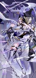  alisa:_echo_(punishing:_gray_raven) alisa_(punishing:_gray_raven) black_dress blue_hair bow_(weapon) breasts cecilie_(pgr) claw_(weapon) cleavage cross cross_earrings dress earrings edge_edge female grey_dress grey_eyes hair_ornament highres holding holding_bow_(weapon) holding_polearm holding_weapon jewelry mechanical_arms mechanical_legs medium_breasts medium_hair parted_lips polearm punishing:_gray_raven robot thigh_strap weapon 