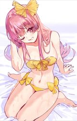  alternate_costume arm_support atelier_(series) atelier_lydie_&amp;_suelle bare_shoulders barefoot bikini blush bow breasts collarbone commentary_request female full_body hairbow hand_on_own_head highres large_breasts long_hair looking_at_viewer navel one_eye_closed pink_eyes pink_hair ryuuno6 sitting smile solo suelle_marlen swimsuit wariza yellow_bikini yellow_bow 