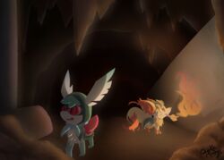  cave clothing duo elemental_manipulation exploring eyewear fennekin feral fire fire_manipulation generation_4_pokemon generation_6_pokemon goggles legendary_pokemon nintendo pokemon pokemon_(species) pokemon_mystery_dungeon quentinmimikyu ruins scarf shaymin shiny_pokemon shrike_(shaymin) sky_forme_shaymin spike_chunsoft staff torch 