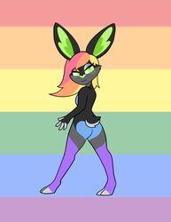  anthro ass blue_butt blush butt_heart female green_eyes green_nose hair heart_ears heart_symbol hi_res lagomorph leg_markings leporid lgbt_pride looking_at_viewer mammal markings multicolored_body multicolored_hair rabbit rainbow rainbow_background rainbow_body rainbow_eyeshadow rainbow_hair simple_background six-stripe_rainbow_pride_colors socks_(marking) solo standing tiddysoft 