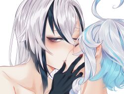  2girls ahoge aoiabyss arlecchino_(genshin_impact) black_hair blue_hair collarbone furina_(genshin_impact) genshin_impact grey_hair kissing looking_at_viewer multicolored_hair multiple_girls nail_polish red_nails simple_background streaked_hair white_background yuri 