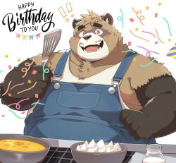  2024 absurd_res anthro blush brown_body brown_fur canid canine clothing crave_saga food fur hi_res humanoid_hands kemono male mammal overalls overweight overweight_male pong_(crave_saga) raccoon_dog shirt solo spatula tanuki tools topwear tulrang 