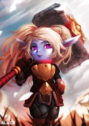  2018 absurd_res armor blonde_hair blue_body blue_skin clothed clothing cute_fangs dust female fully_clothed gloves grass hair hammer hand_on_hip handwear hi_res holding_hammer holding_object holding_tool humanoid humanoid_pointy_ears league_of_legends luifer_black plant poppy_(lol) purple_eyes red_scarf riot_games scarf signature solo tencent tools twintails_(hairstyle) yordle 