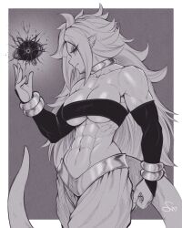  abs absurdres android android_21 bandeau biceps black_bandeau border bracelet breasts choker cleavage detached_sleeves dragon_ball dragon_ball_fighterz earrings energy_ball english_commentary female greyscale hand_up highres jewelry long_hair looking_at_viewer majin_android_21 monochrome multiple_bracelets muscular muscular_female navel pointy_ears redrawn signature speedl00ver tail underboob veins very_long_hair white_border 