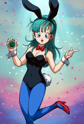  animal_ears aqua_hair black_leotard blue_eyes blue_pantyhose bow bowtie breasts bulma_briefs covered_navel detached_collar dragon_ball dragon_ball_(classic) dragon_radar fake_animal_ears fake_tail female leotard long_hair looking_at_viewer maxiuchiha22 open_mouth pantyhose playboy_bunny rabbit_ears rabbit_tail red_footwear smile solo strapless strapless_leotard tail wrist_cuffs 