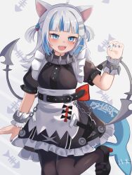  :d absurdres alternate_costume apron blue_eyes blue_hair blunt_bangs blush brown_pantyhose cosplay cowboy_shot ellen_joe ellen_joe_(cosplay) female fins fish_tail gawr_gura hair_ornament hand_up highres hololive hololive_english looking_at_viewer maid_headdress multicolored_hair nekopurin_(nyanko_prin) pantyhose shark_girl shark_hair_ornament shark_tail sharp_teeth smile solo standing standing_on_one_leg streaked_hair tail teeth two_side_up virtual_youtuber white_apron white_hair zenless_zone_zero 