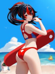  ass bangboo_(zenless_zone_zero) beach bikini black_hair blue_sky cloud cowboy_shot day female highres holding holding_whistle long_hair looking_at_viewer multicolored_hair ocean open_mouth ponytail red_bikini red_eyes red_hair sky standing streaked_hair swimsuit thighs water whistle whistle_around_neck yan_kodiac zenless_zone_zero zhu_yuan 