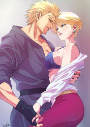  1boy absurdres belt black_belt blonde_hair blue_eyes blush bra breasts couple dougi earrings female fighting_game fingerless_gloves gloves highres holding_hands jewelry karate_gi king_(snk) large_breasts martial_arts_belt mma_gloves muscular muscular_male off_shoulder open_clothes open_shirt pant_suit pants partially_undressed reverse_trap ryou_sakazaki ryuuko_no_ken shirt short_hair simple_background smile straight strikebeagle suit the_king_of_fighters unbuttoned unbuttoned_shirt underwear 