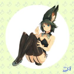  :3 absurdres alternate_costume animal_ear_fluff animal_ears artist_name bare_shoulders black_leotard black_thighhighs blue_eyes blush breasts cameltoe clenched_hand closed_mouth collarbone commentary commission detached_collar english_commentary female full_body garter_straps green_hair grey_footwear hand_on_own_leg hand_up happy highres knees_up legs legs_together leotard looking_at_viewer medium_breasts playboy_bunny rabbit_ears rabbit_girl rabbit_tail shiina_mayuri shiny_clothes shoes short_hair short_tail side-tie_leotard sidelocks signature sitting smile solo spindle_(aidenr0) steins;gate strapless strapless_leotard tail thighhighs white_background wrist_cuffs 