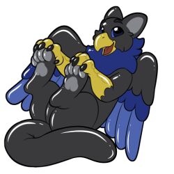  4_toes animate_inanimate avian beak black_body blue_eyes feathered_wings feathers feet gryphon inflatable living_inflatable mane mythological_avian mythological_creature mythology solo symrea telegram_sticker toes wings 