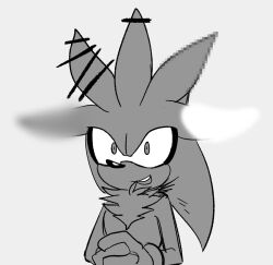  1boy animal_ears animal_nose bar_censor blank_censor blur_censor censored fake_censor furry furry_male gloves grey_background greyscale male_focus monochrome mosaic_censoring open_mouth silver_the_hedgehog simple_background smile solo sonic_(series) sonslivshad upper_body 