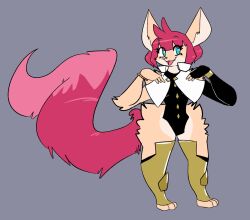  anthro armored_boots big_ears black_clothing black_leotard blue_eyes canid canine cleo_(dooper64) clothing cosplay female fennec_fox fox grey_background hair hi_res leotard mammal mantle pink_hair pink_tail pseudoregalia simple_background solo sybil_(pseudoregalia) tail thick_thighs true_fox zitoisneato 