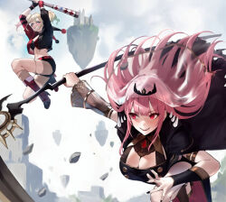  2girls black_nails black_tiara breasts dc_comics harley_quinn highres holding holding_scythe holding_weapon hololive hololive_english large_breasts leggings maro2ki3 maroniki_(arosama) mori_calliope mori_calliope_(1st_costume) multiple_girls pink_eyes red_eyes scythe short_twintails shorts tiara torn_clothes torn_leggings twintails veil weapon 