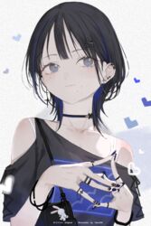  absurdres bad_id bad_pixiv_id black_choker black_hair blue_hair choker collarbone colored_inner_hair ear_piercing earrings female gradient_nails grey_eyes haru_on highres jewelry looking_at_viewer mole mole_under_mouth multicolored_hair original piercing short_hair solo streaked_hair upper_body 