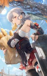  asymmetrical_legwear bag baguette black_gloves black_thighhighs braid bread breasts cloud cloudy_sky cowboy_shot douya_(233) eating female fingerless_gloves food food_in_mouth french_braid girls&#039;_frontline girls&#039;_frontline_2:_exilium gloves grey_hair highres holding holding_bag holding_food large_breasts looking_at_viewer medium_hair paper_bag pizza pizza_slice red_eyes red_skirt shotgun_shell skirt sky solo spas-12_(girls&#039;_frontline) sun thighhighs 