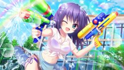  ;d aqua_eyes bikini bikini_under_clothes blue_hair blue_skirt blue_sky breasts building chain-link_fence cloud collarbone day dot_nose dual_wielding female fence film_grain game_cg holding holding_water_gun honjou_kasumi izumi_tsubasu large_breasts lens_flare marehoshi_academy_school_uniform medium_hair midriff navel non-web_source official_art one_eye_closed open_mouth outdoors purple_bikini rainbow re:stage! school_uniform shirt side-tie_bikini_bottom skirt sky smile solo sparkle swimsuit tied_shirt tree trigger_discipline water_drop water_gun white_shirt 