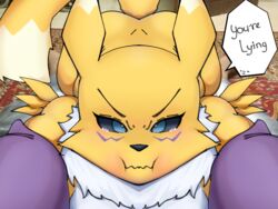  4:3 anthro ass bandai_namco black_nose black_sclera bodily_fluids canid detailed_background dialogue digimon digimon_(species) english_text female first_person_view fox_spirit fox_tail fur hi_res mammal photo_background photography_(artwork) renamon rizal rizal_ok solo tears text yellow_body yellow_fur 