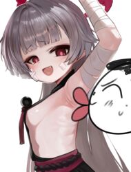  1boy :d afterimage arm_up armpits bandaged_arm bandages blue_archive blush breasts closed_eyes closed_mouth commentary_request dokomon doodle_sensei_(blue_archive) female from_side grey_hair halo highres korean_commentary licking licking_armpit long_hair looking_at_viewer looking_to_the_side oerba_yun_fang presenting_armpit profile red_eyes sensei_(blue_archive) shuro_(blue_archive) sideless_outfit simple_background small_breasts smile sweat tongue tongue_out upper_body very_long_hair white_background 