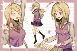  ! :d ahoge akamatsu_kaede arm_up blonde_hair blush border breasts brown_necktie brown_shirt chifurin clenched_hand cropped_torso danganronpa_(series) danganronpa_v3:_killing_harmony female hand_up highres instrument keyboard_(instrument) kneehighs long_sleeves medium_breasts miniskirt multiple_views necktie pink_border pink_sweater_vest shirt skirt smile socks speech_bubble sweater_vest white_background 