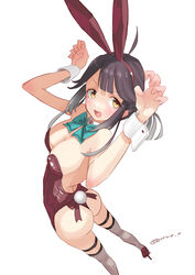  ahoge alternate_costume animal_ears aqua_bow aqua_bowtie black_hair bow bowtie breasts curled_fingers detached_collar female from_above full_body grey_thighhighs hair_ribbon hayanami_(kancolle) highres kantai_collection leotard one-piece_thong playboy_bunny ponytail purple_leotard rabbit_ears rabbit_tail ribbon sidelocks simple_background small_breasts solo strap_slip tail tetsukuzu_(yajirushi_shita) thighhighs white_background white_ribbon wrist_cuffs yellow_eyes 