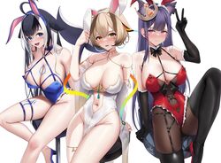  3girls absurdres ahoge akuma_nihmune akuma_nihmune_(3rd_costume) animal_ears antennae black_bow black_bowtie black_hair black_thighhighs blonde_hair blue_collar blush bow bowtie breasts burger_king cetacean_tail collar detached_sleeves elbow_gloves facial_tattoo fake_animal_ears fins fish_tail gloves hair_ornament hairclip heart heart_ahoge high_heels highres indie_virtual_youtuber large_breasts legs leotard long_hair looking_at_viewer multicolored_hair multiple_girls navel orca_girl pelvic_curtain playboy_bunny purple_eyes purple_hair rabbit_ears sanagi_yuzu short_hair shylily simple_background skai_kun streaked_hair tail tattoo thighhighs thighs v virtual_youtuber white_background white_hair yellow_eyes 